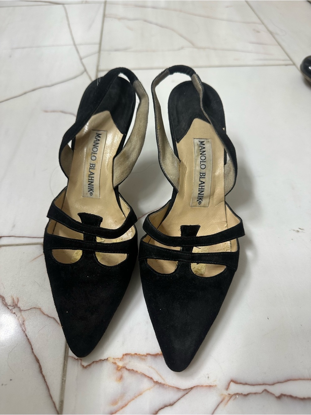 Manolo Blahnik Black Suede Pointed-Toe Double-Strap Slingback Heels